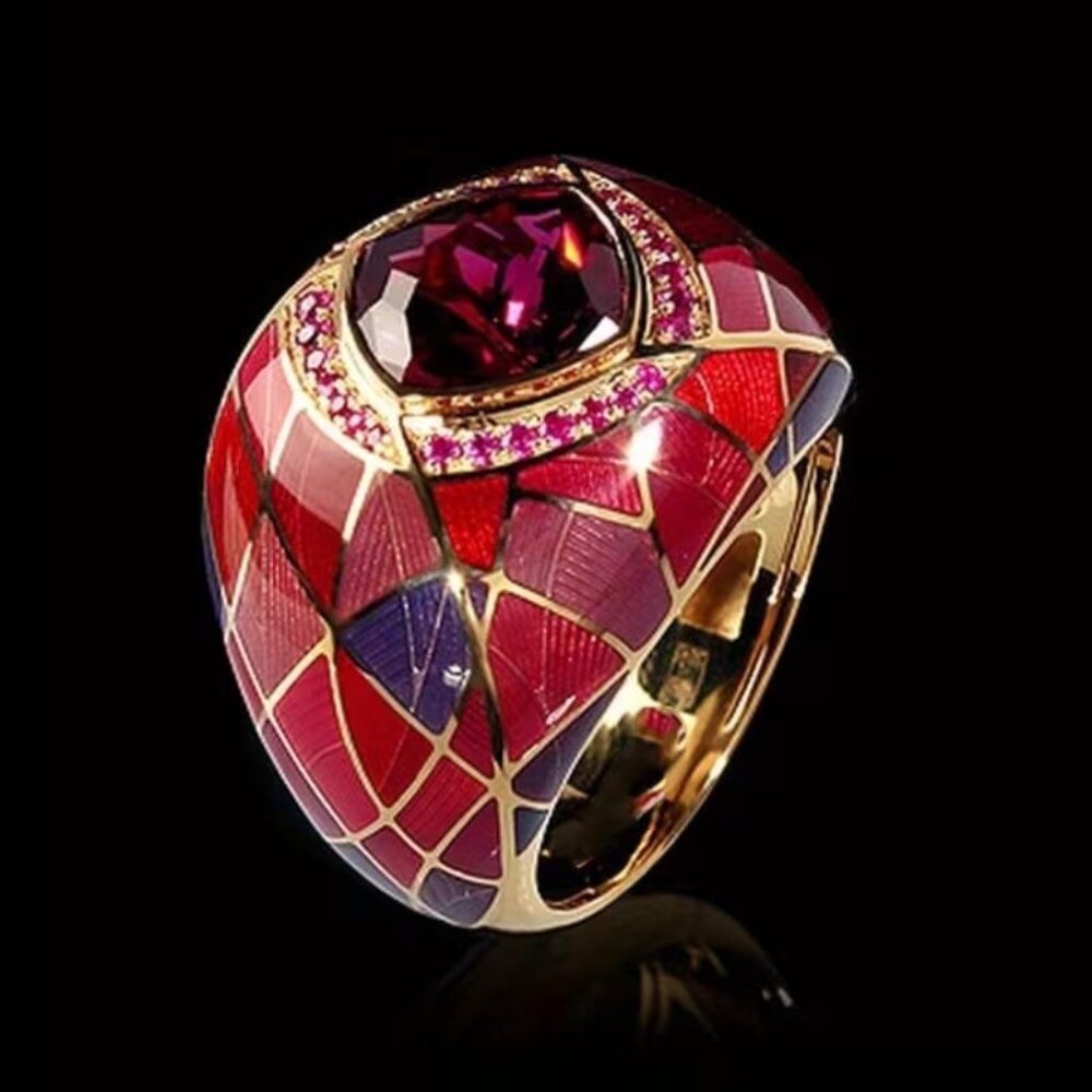 RICH RED PYRAMID SHAPED "GEM" ENAMEL GOLDEN SZ. 7 RING 65
